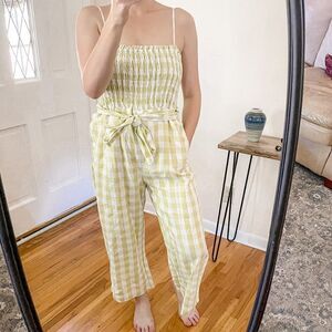 House Of Harlow Linen Gingham Smocked Jumpsuit Lime Green